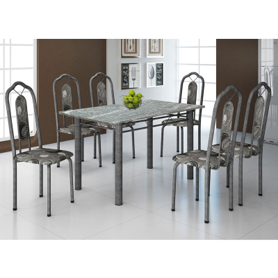 Mesa de Aço Bianca 010 Martelado com 6 cadeiras, Tampo Granito | Soma