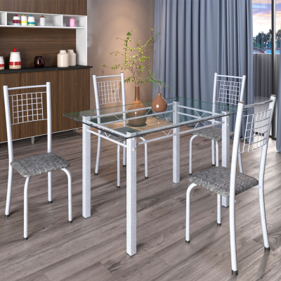  Mesa em Aço Iza 013 Tampo de Vidro 140x75, com 6 cadeiras - Soma