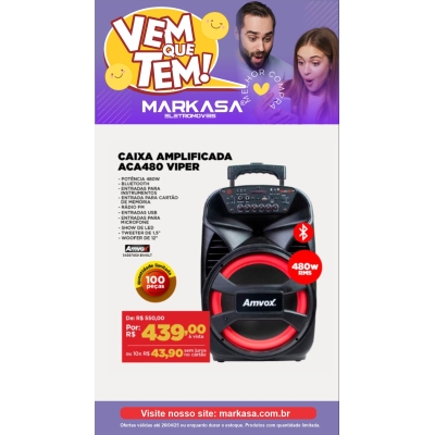 Caixa Amplificada Amvox ACA480 Viper 480W RMS, Bluetooth, Função Power X