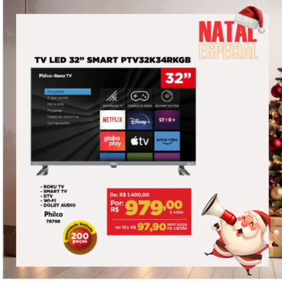 Smart TV LED 32 HD PTV32K34RKGB Philco, Wi-Fi, DTV, HDMI e USB