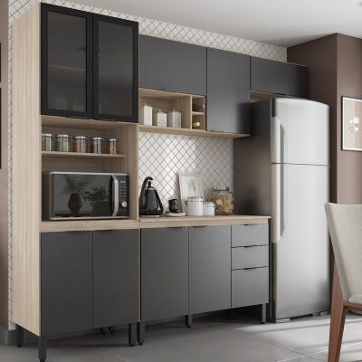 Cozinha Firenze 4 módulos c/ Vidro - Espaço para Refrigerador, Estrutura em MDP - Demobile